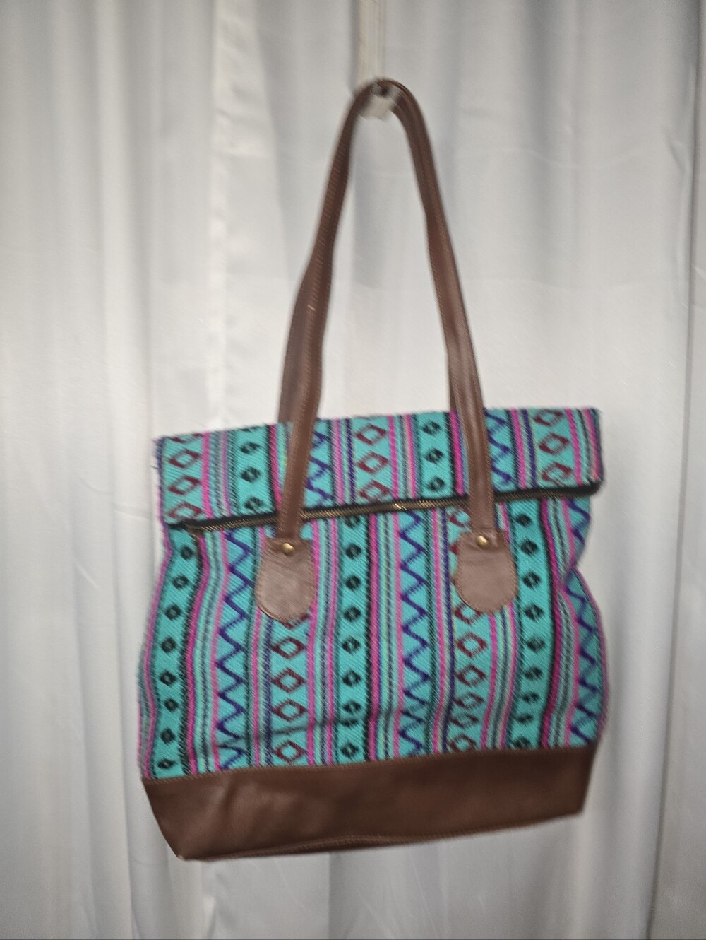 Turquoise Aztec Tote Bag with Brown Trim Tote SHOULDER BAG